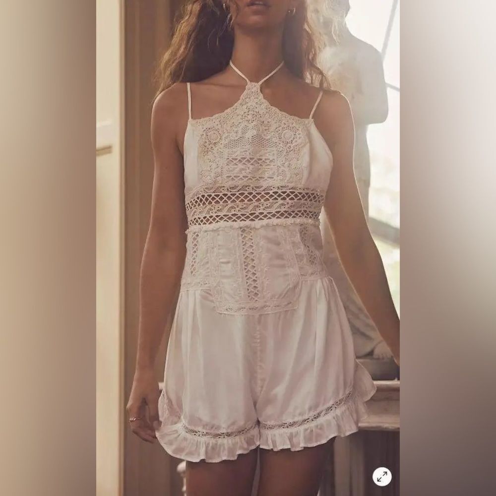 Free People Cream Lace Halter Romper